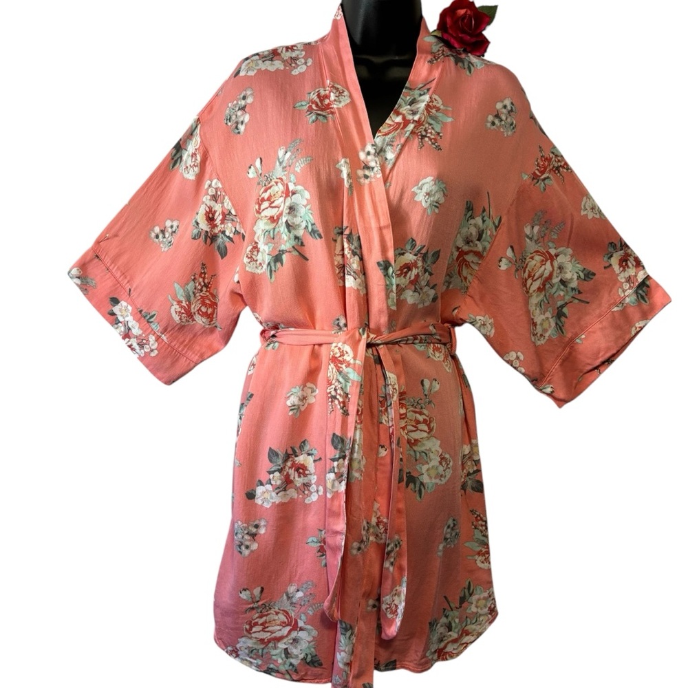 Simple Pleasures L/XL Peach floral belted soft wrap Robe Cover Up Fairycore EUC